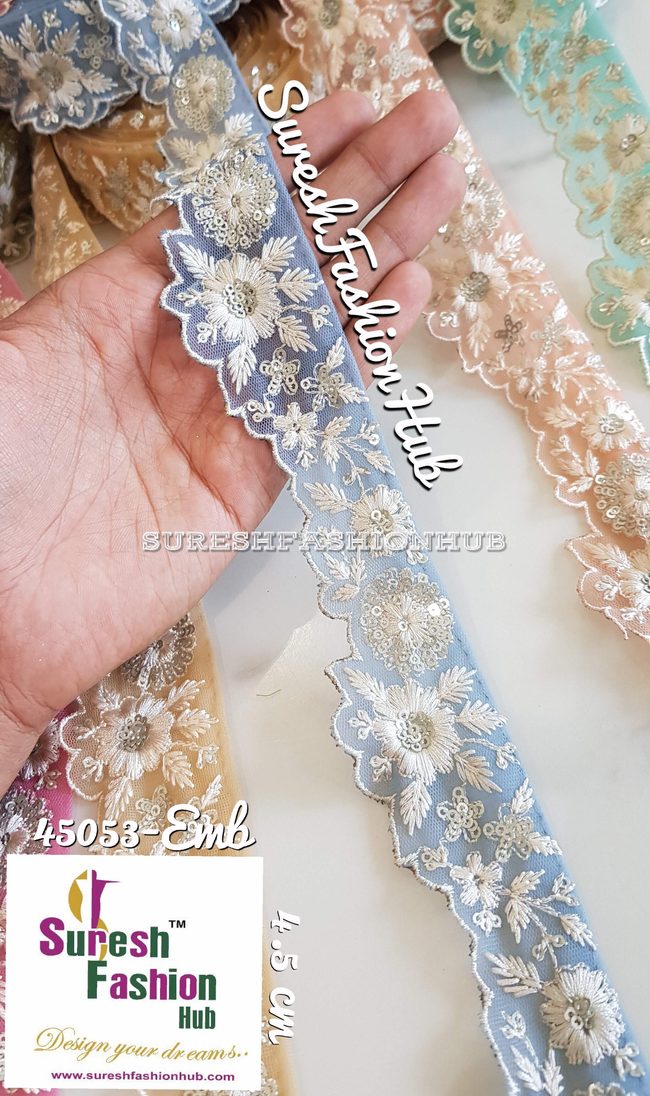 Elegant Grey Color Cutwork Floral Embroidered Mesh Trim