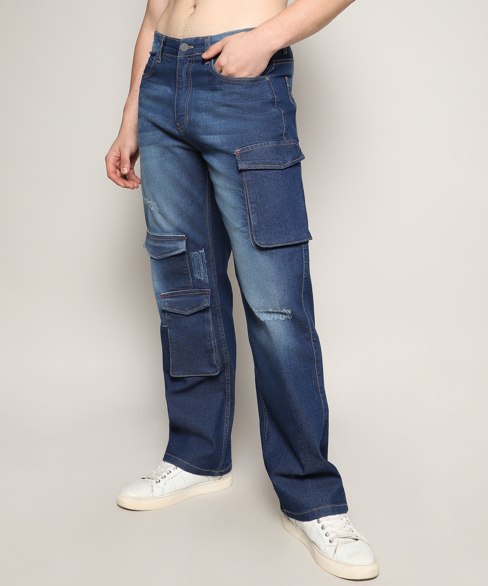 CAMPUS SUTRA | Men's Dark Blue Ripped Wide Leg Jeans