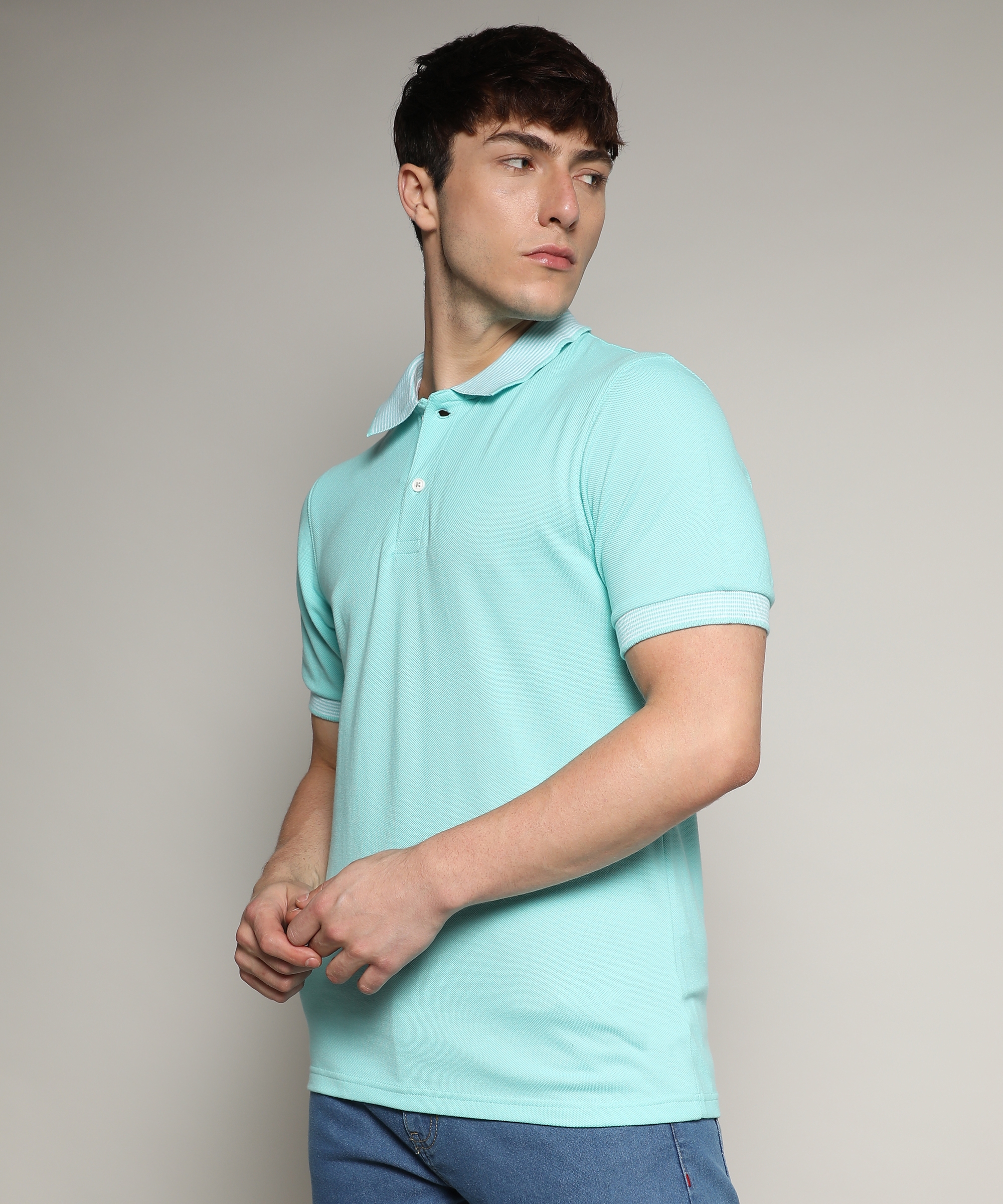 Men's Aqua Blue Solid Polo T-Shirt