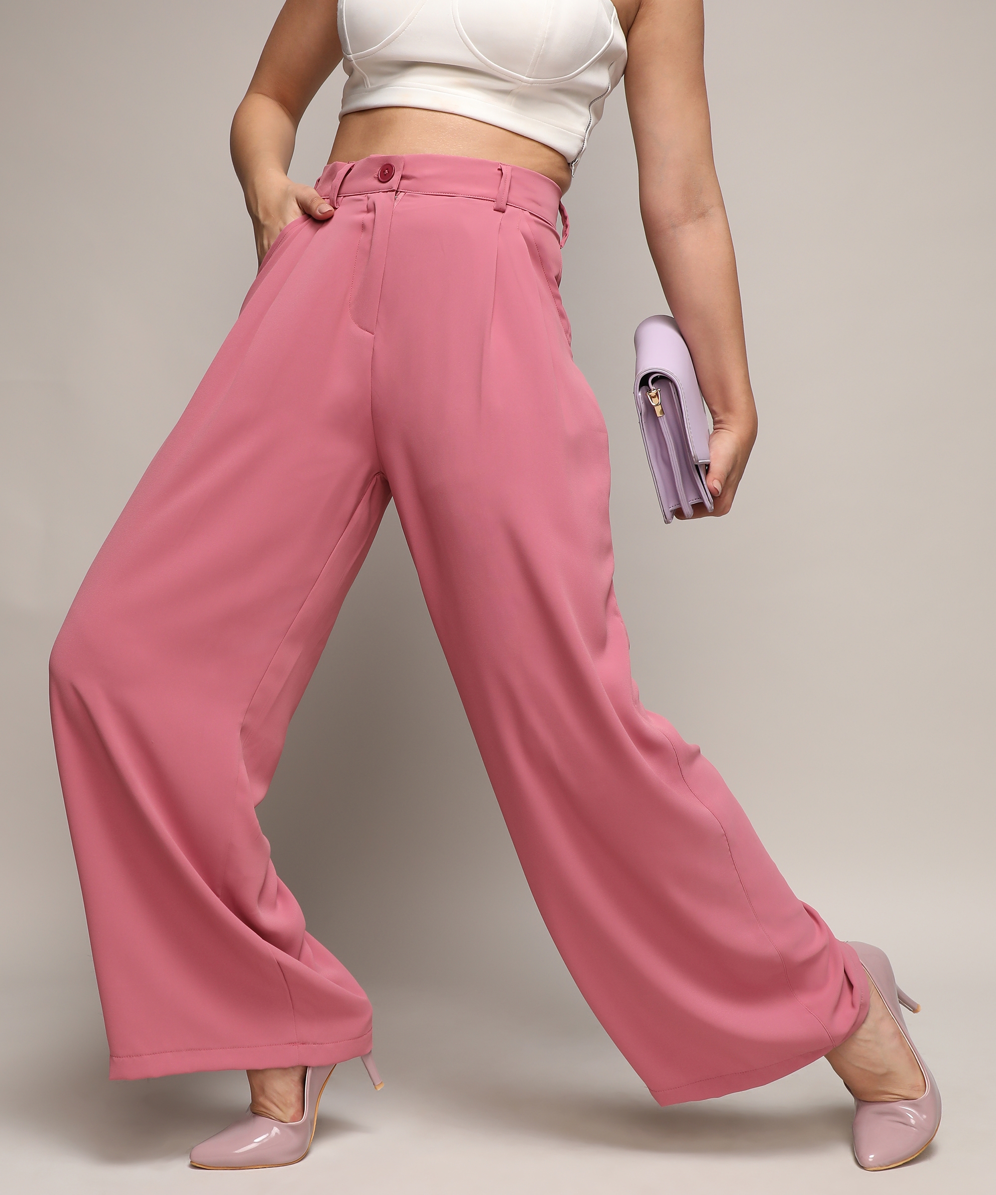 Women's Salmon Pink Solid Trouser