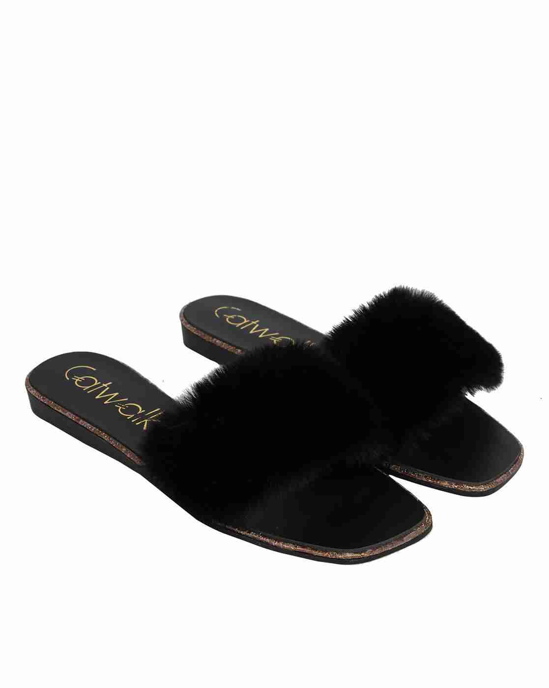 Faux-Fur Slip-On Flat Sandals