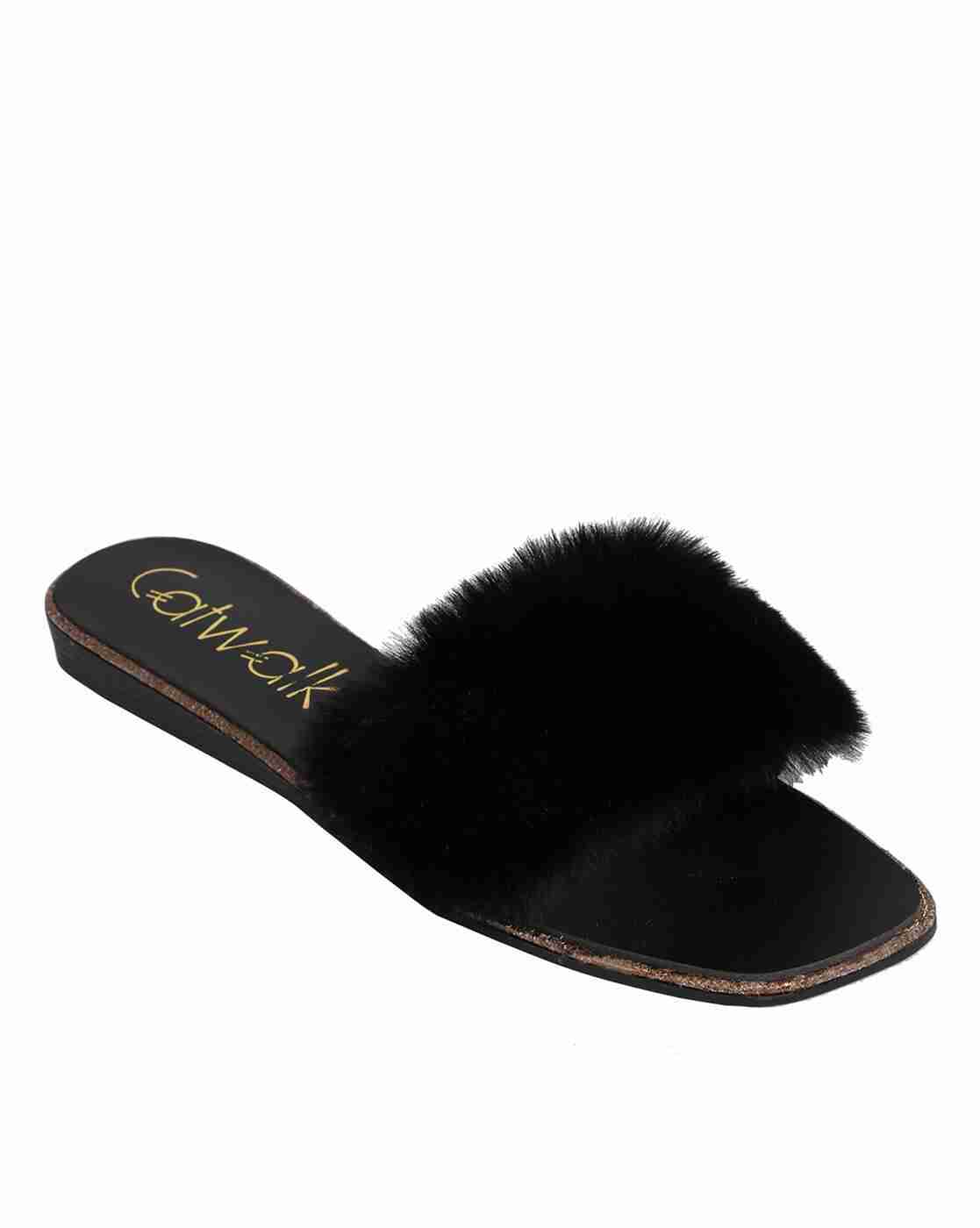 Faux-Fur Slip-On Flat Sandals