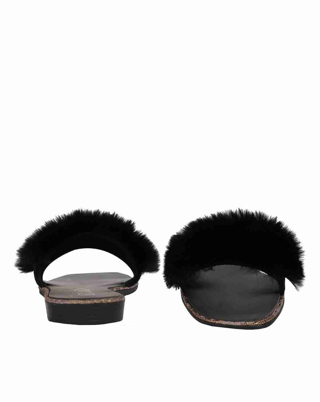 Faux-Fur Slip-On Flat Sandals
