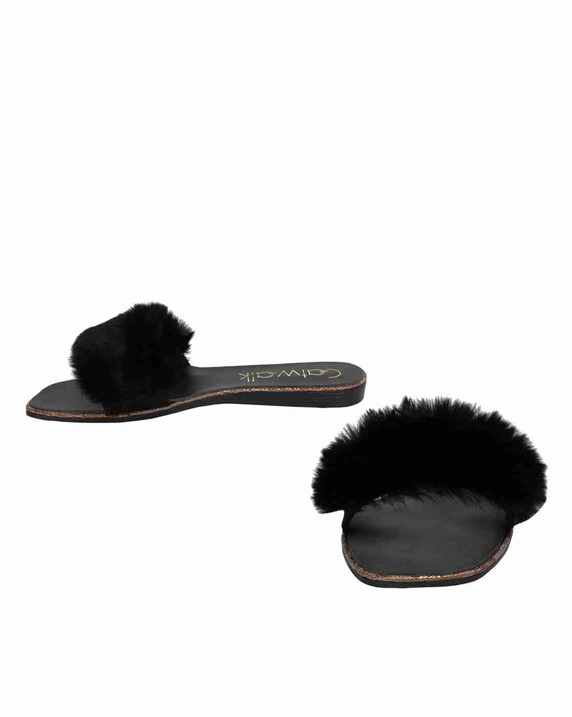 Faux-Fur Slip-On Flat Sandals