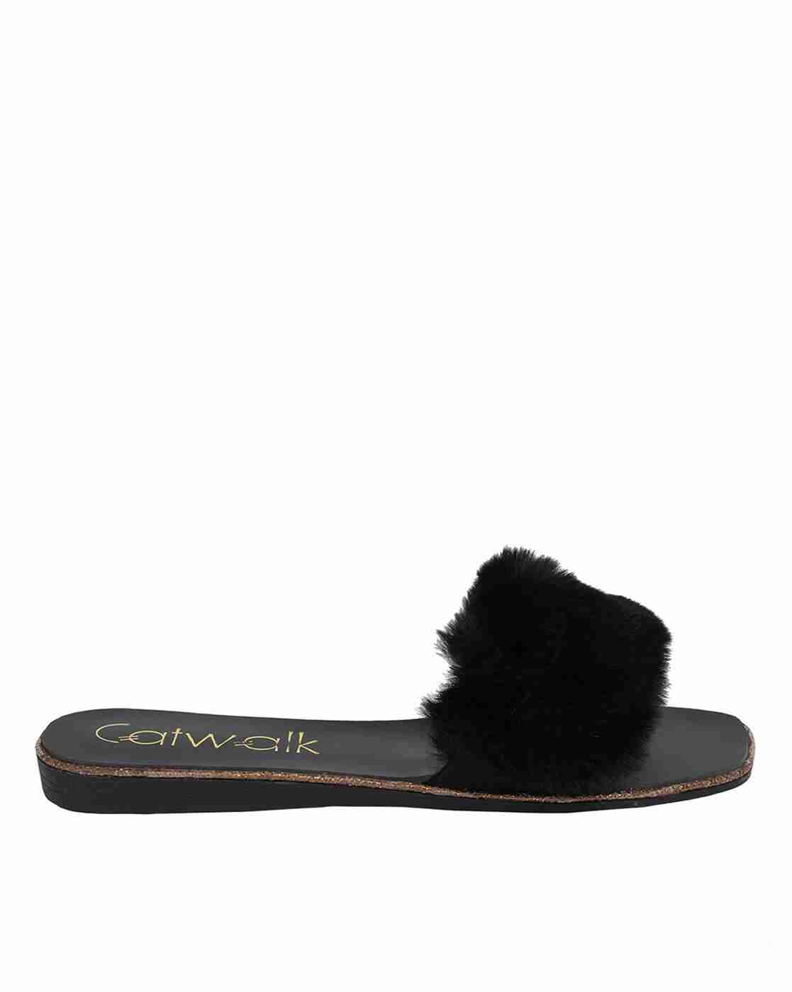 Faux-Fur Slip-On Flat Sandals