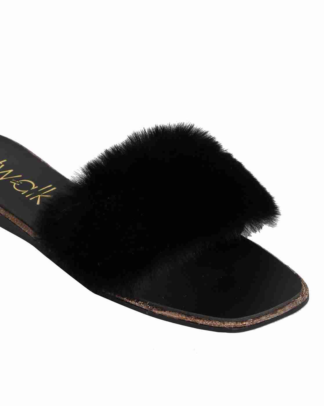 Faux-Fur Slip-On Flat Sandals