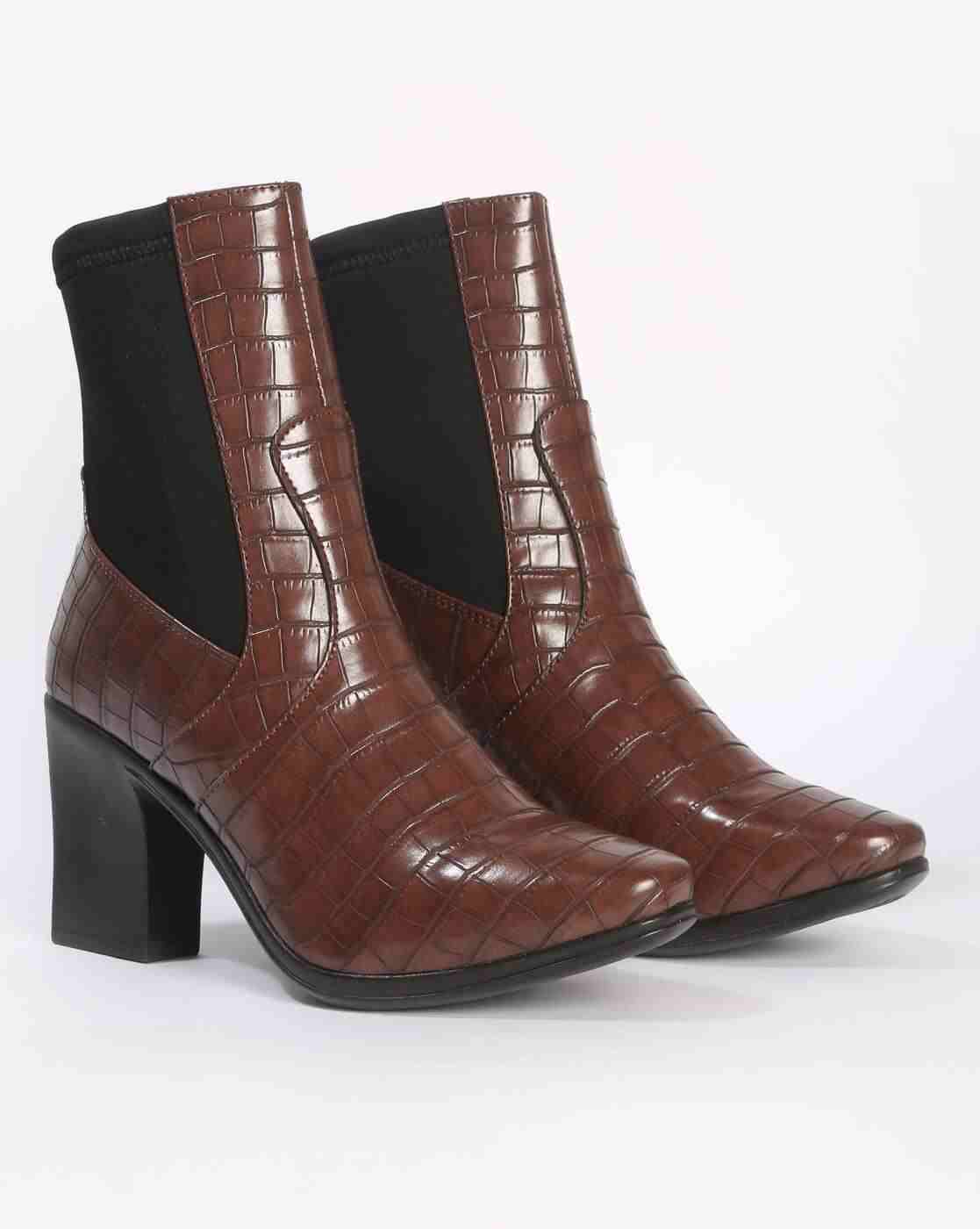 Croc-Embossed Chunky-Heeled Mid-Calf Boots