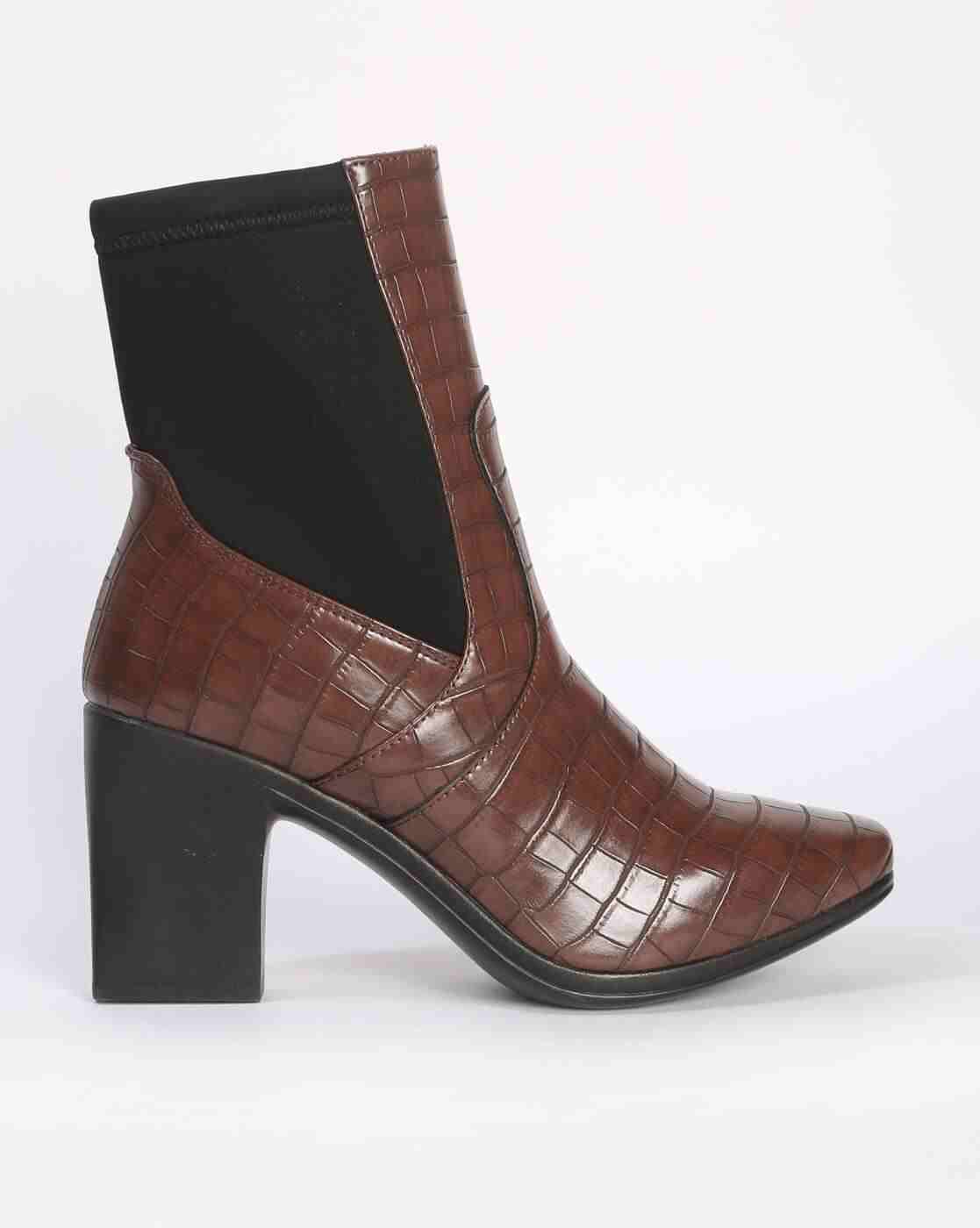 Croc-Embossed Chunky-Heeled Mid-Calf Boots