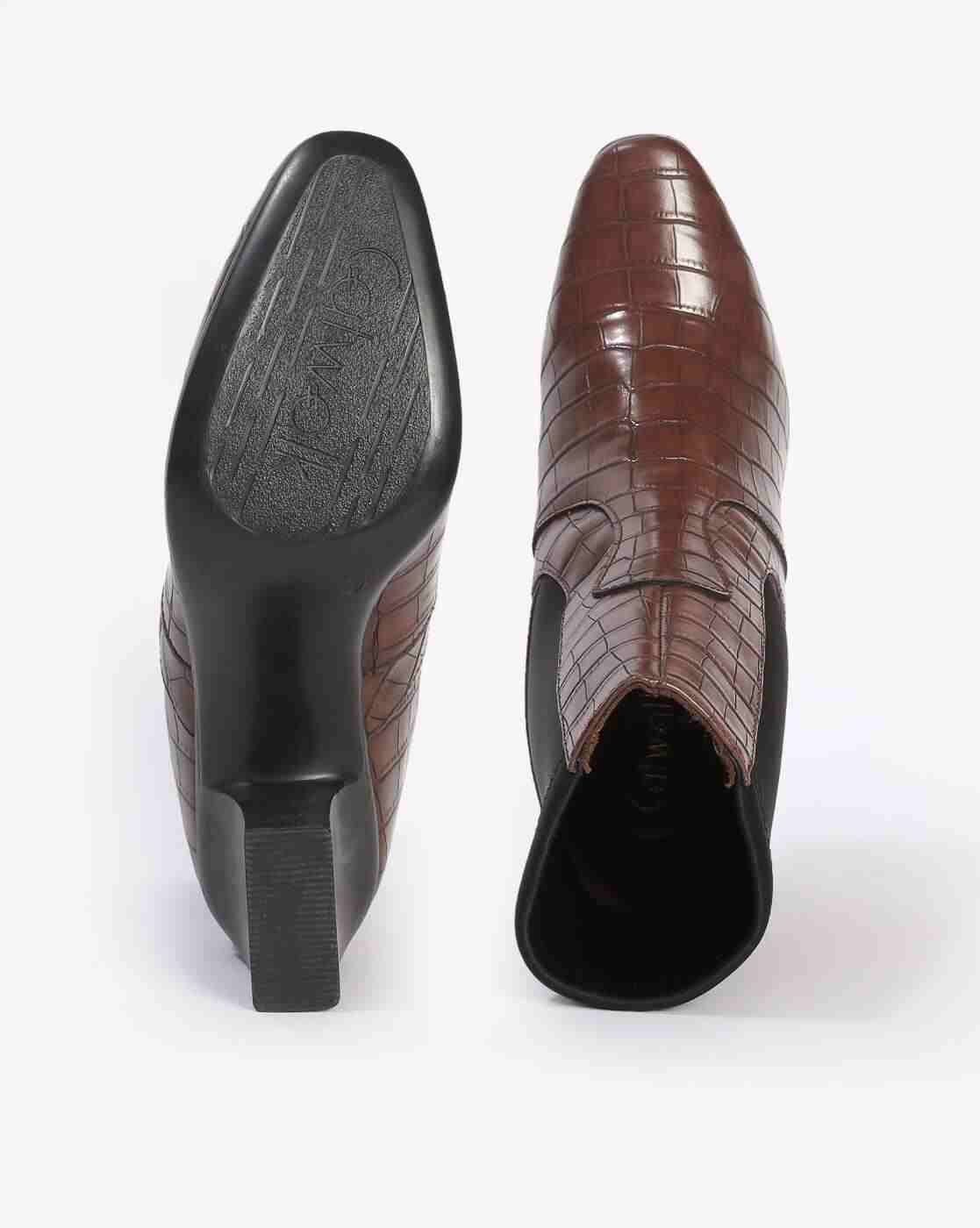 Croc-Embossed Chunky-Heeled Mid-Calf Boots