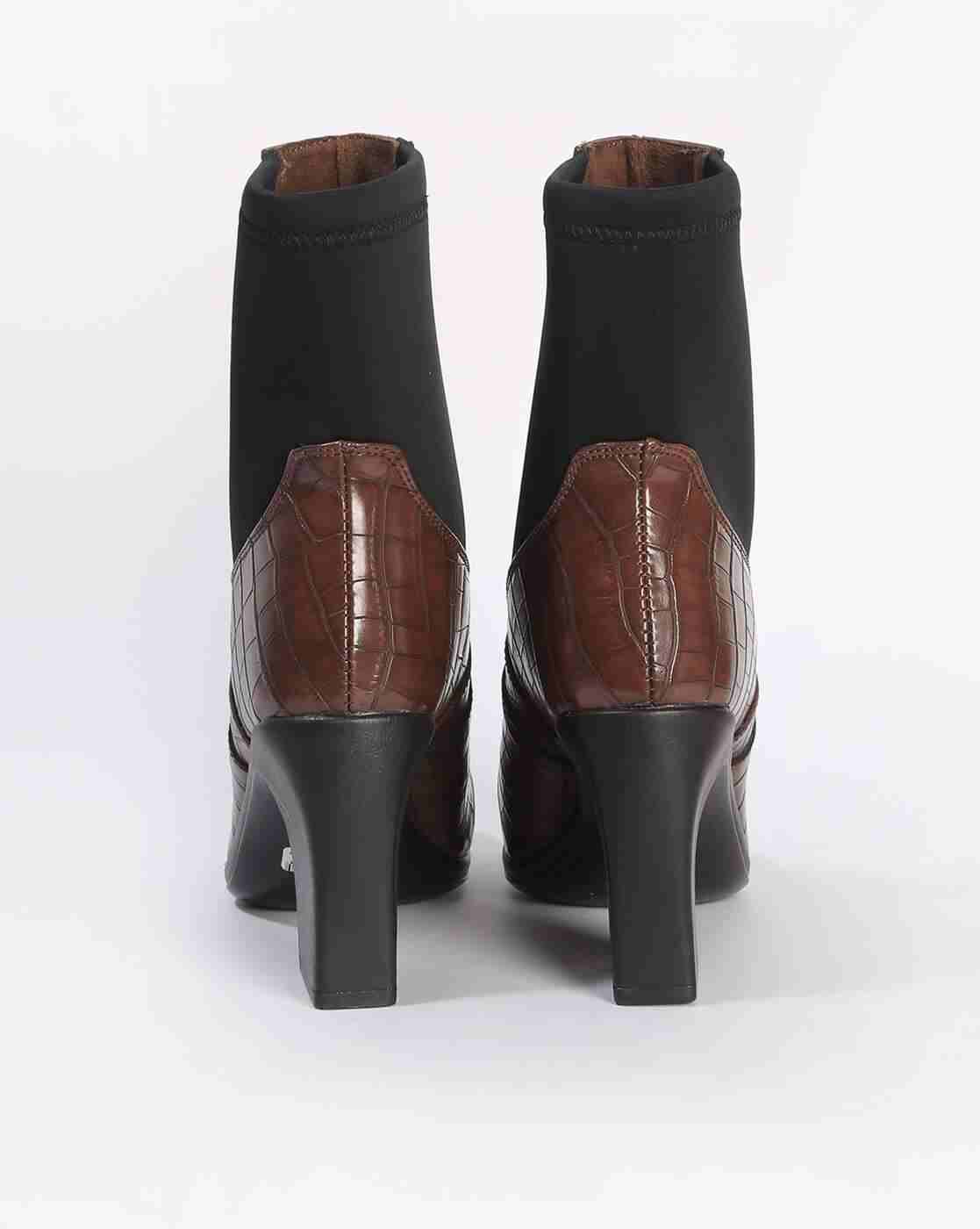 Croc-Embossed Chunky-Heeled Mid-Calf Boots