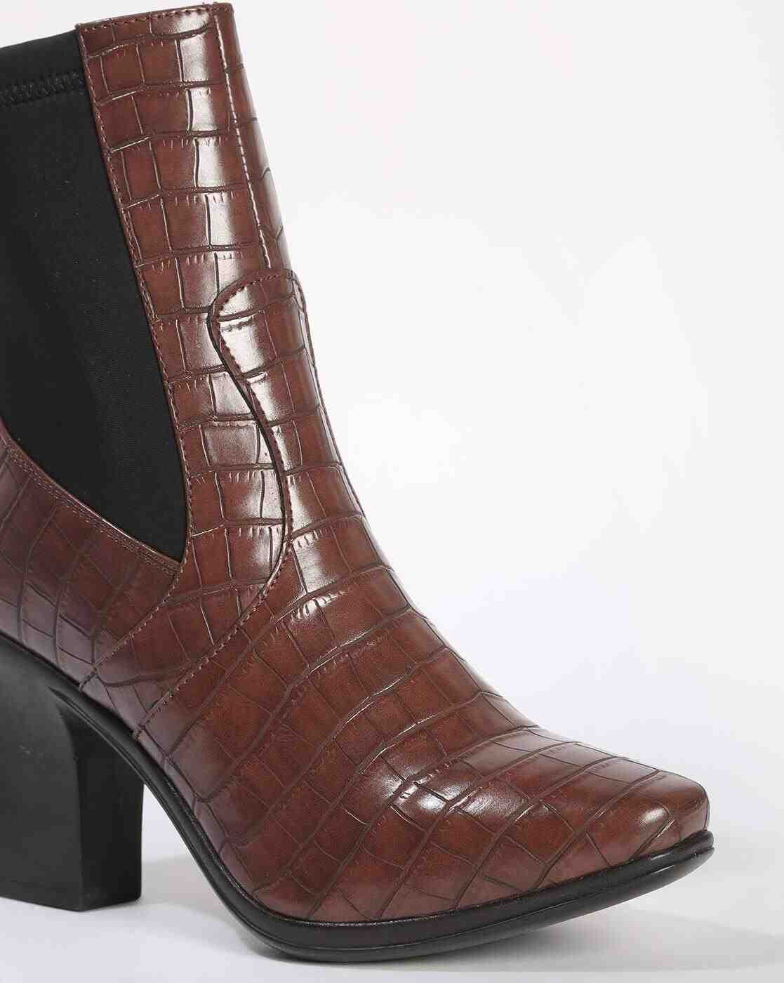 Croc-Embossed Chunky-Heeled Mid-Calf Boots