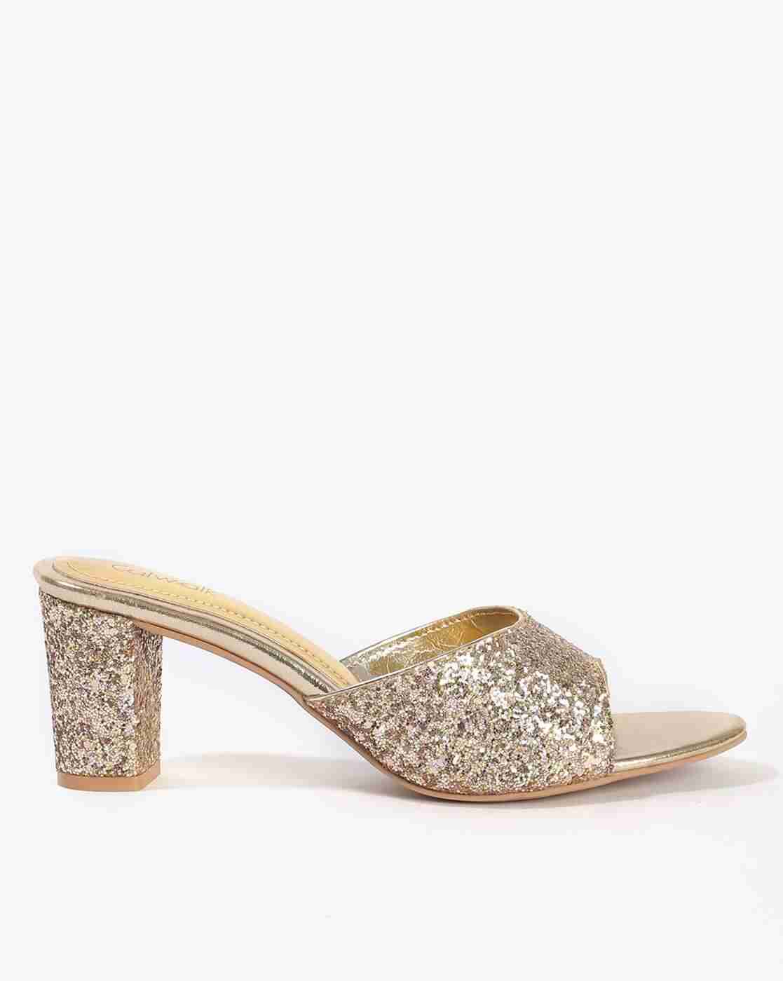 Glittery Round-Toe Chunky Heeled Sandals