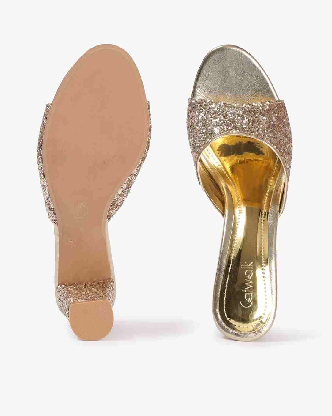 Glittery Round-Toe Chunky Heeled Sandals