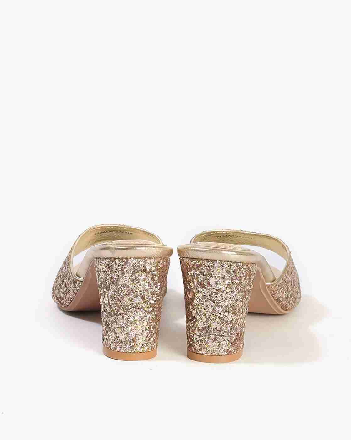 Glittery Round-Toe Chunky Heeled Sandals