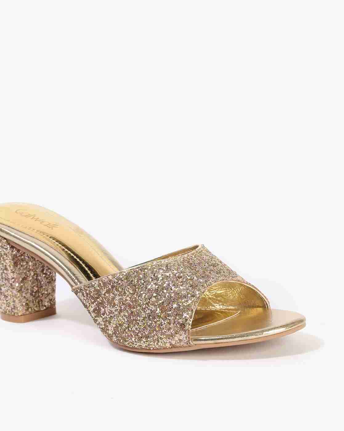Glittery Round-Toe Chunky Heeled Sandals