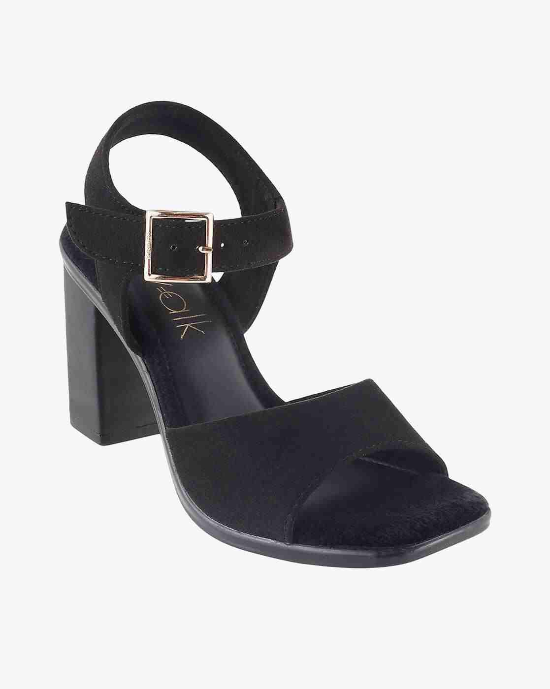 Women Chunky Heeled Sandals with Buckle Accent