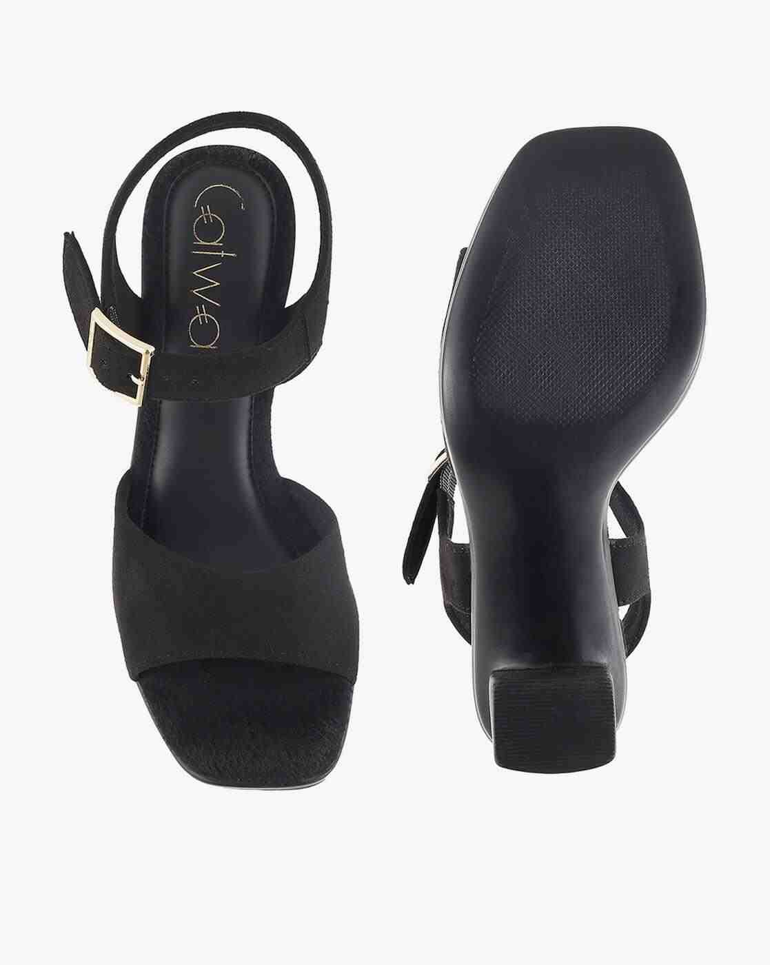 Women Chunky Heeled Sandals with Buckle Accent