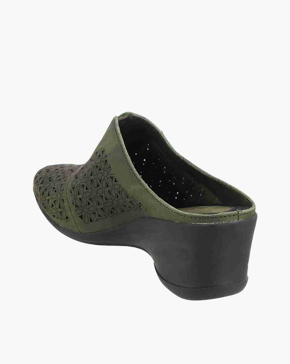 Women Floral Cutout Leather Slip-On Wedges