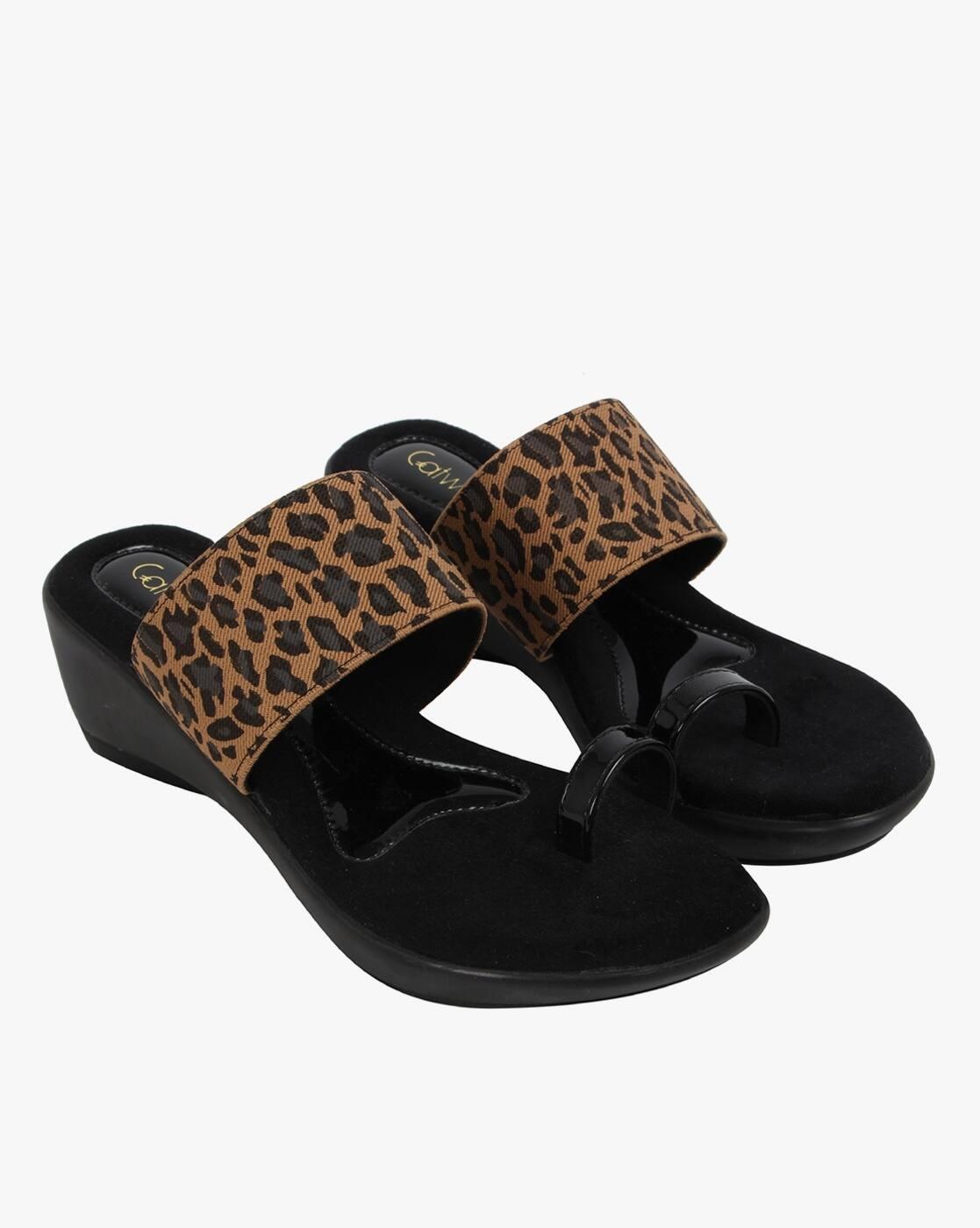 Animal Print Slip-On Wedges with Toe-Ring
