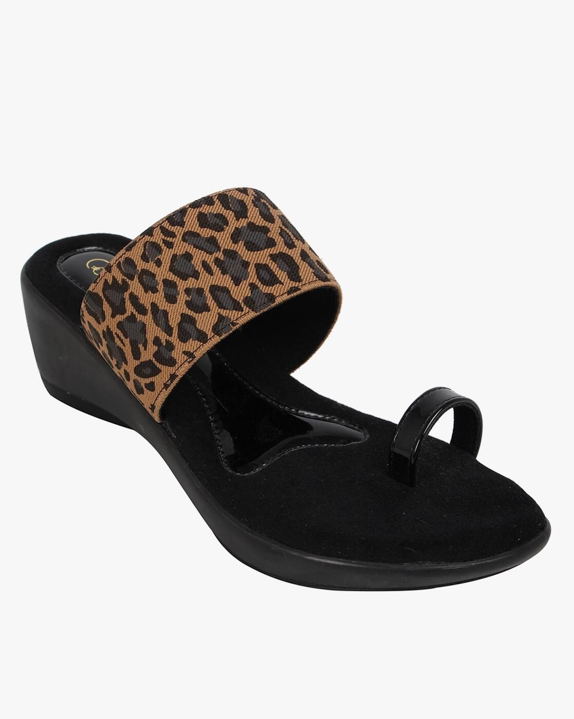 Animal Print Slip-On Wedges with Toe-Ring