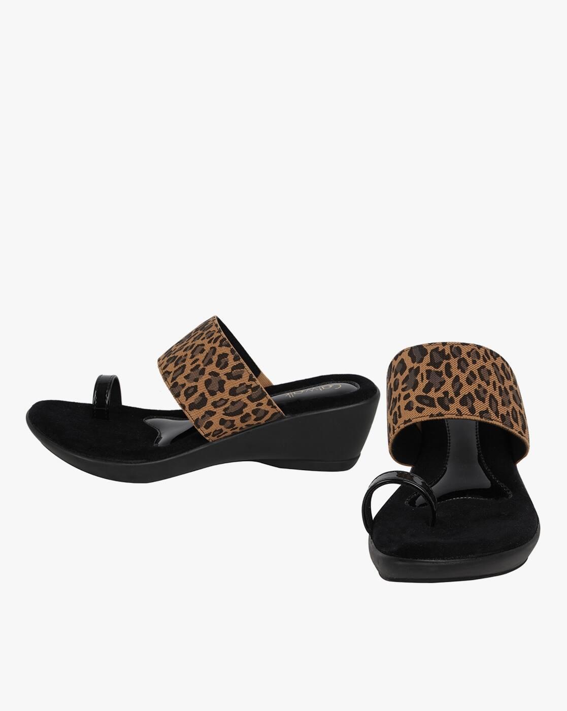 Animal Print Slip-On Wedges with Toe-Ring