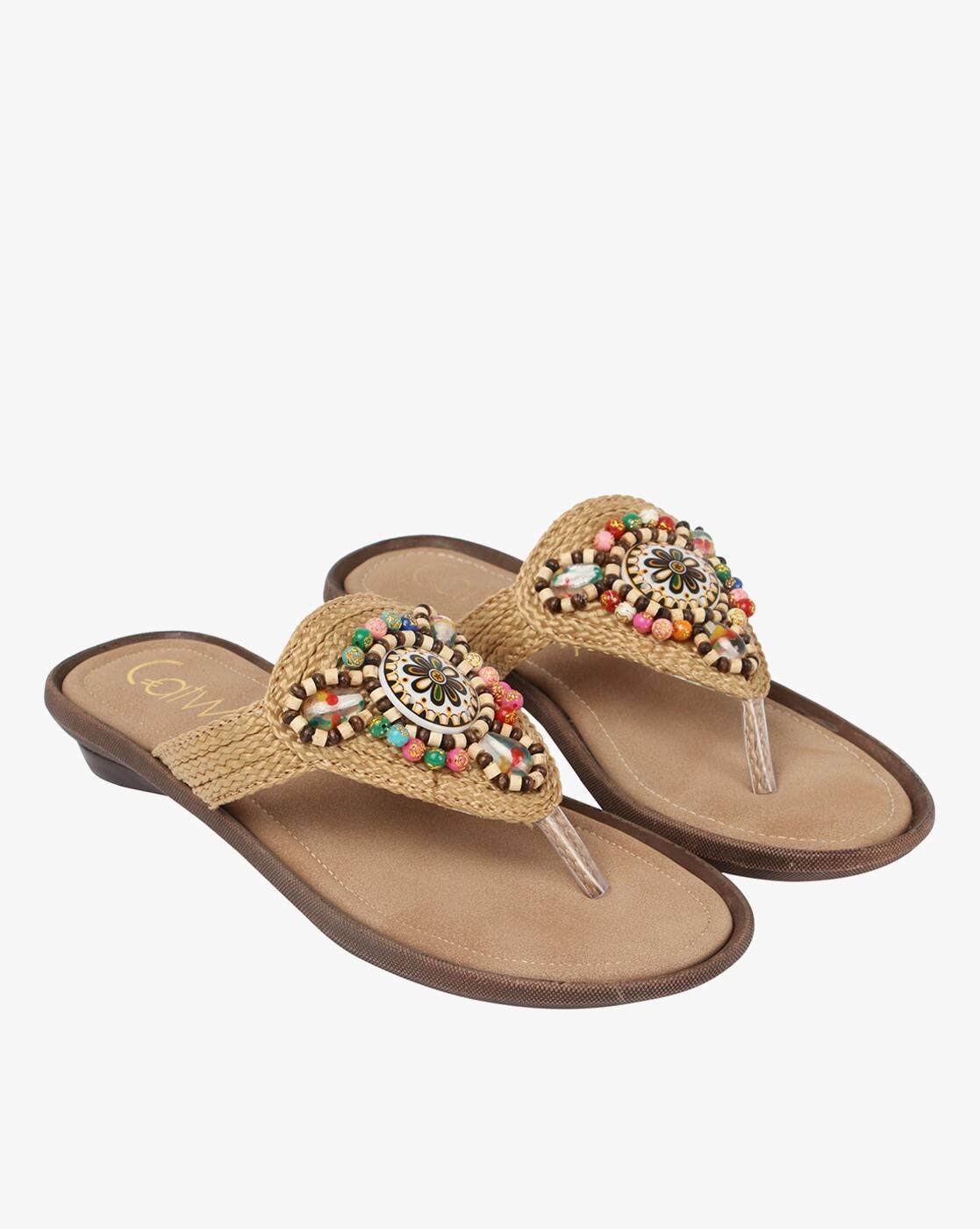 Beaded T-Strap Sandals