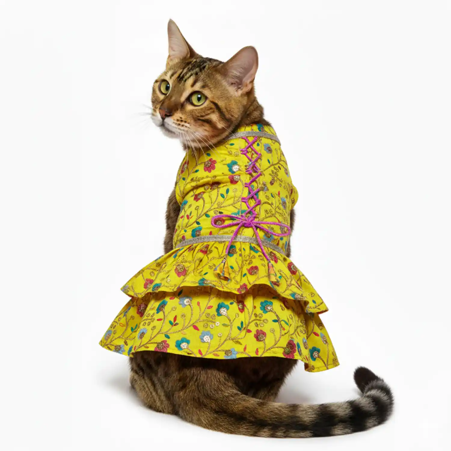PawsIndia Traditional Marigold Yellow Princess Dress for Cats
