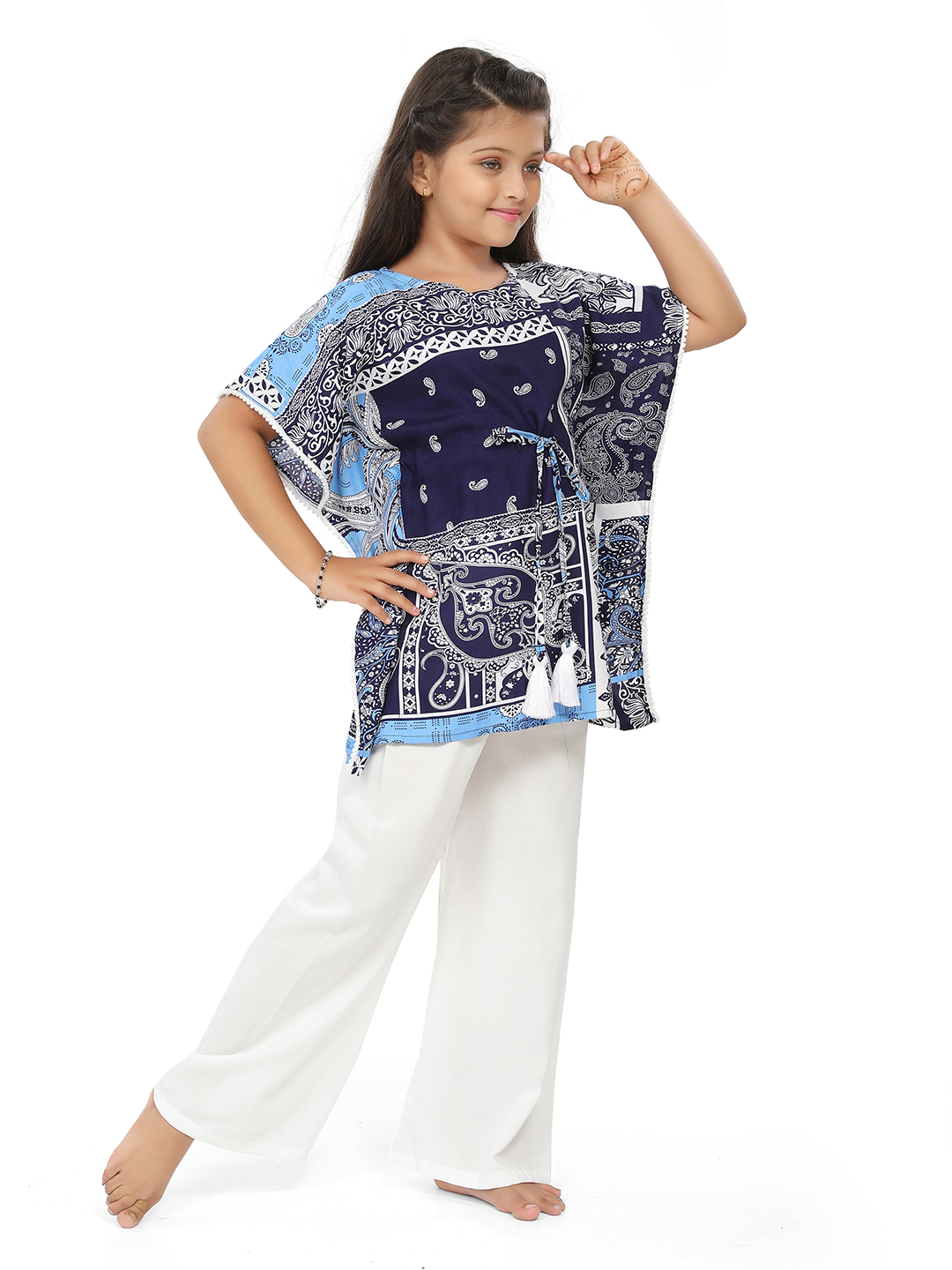Ninos Dreams Girls Cotton Rayon Kaftan with Palazzo Lounge Set-Blue & White