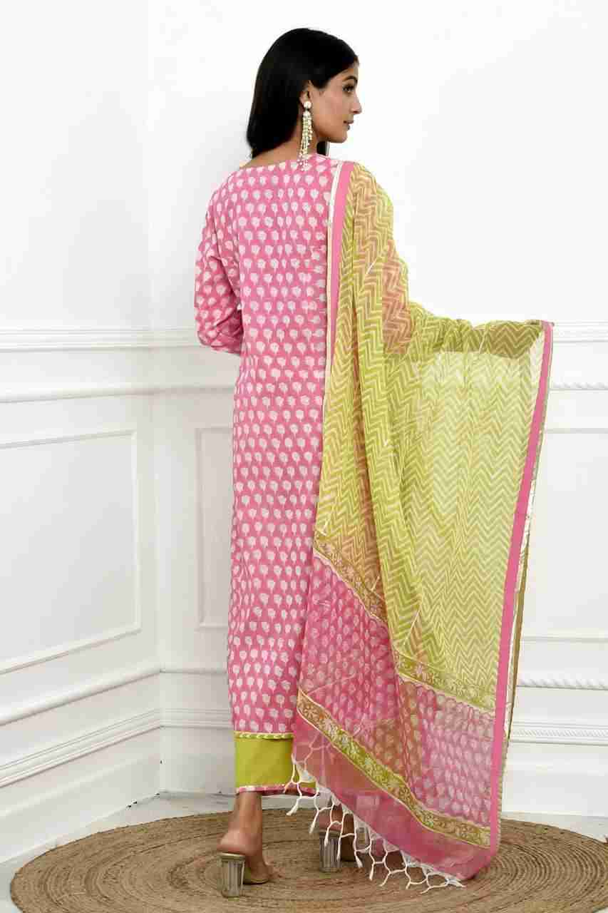 Naksh Pink Green Block Printed Straight Kurta, Pants And Dupatta (Set of 3)