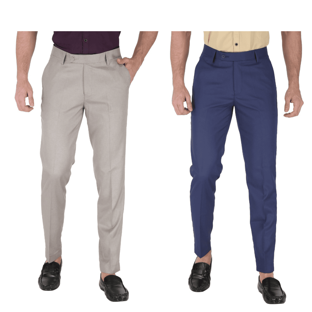 Light Grey & Blue Regular Fit Formal Trouser Pent For Men