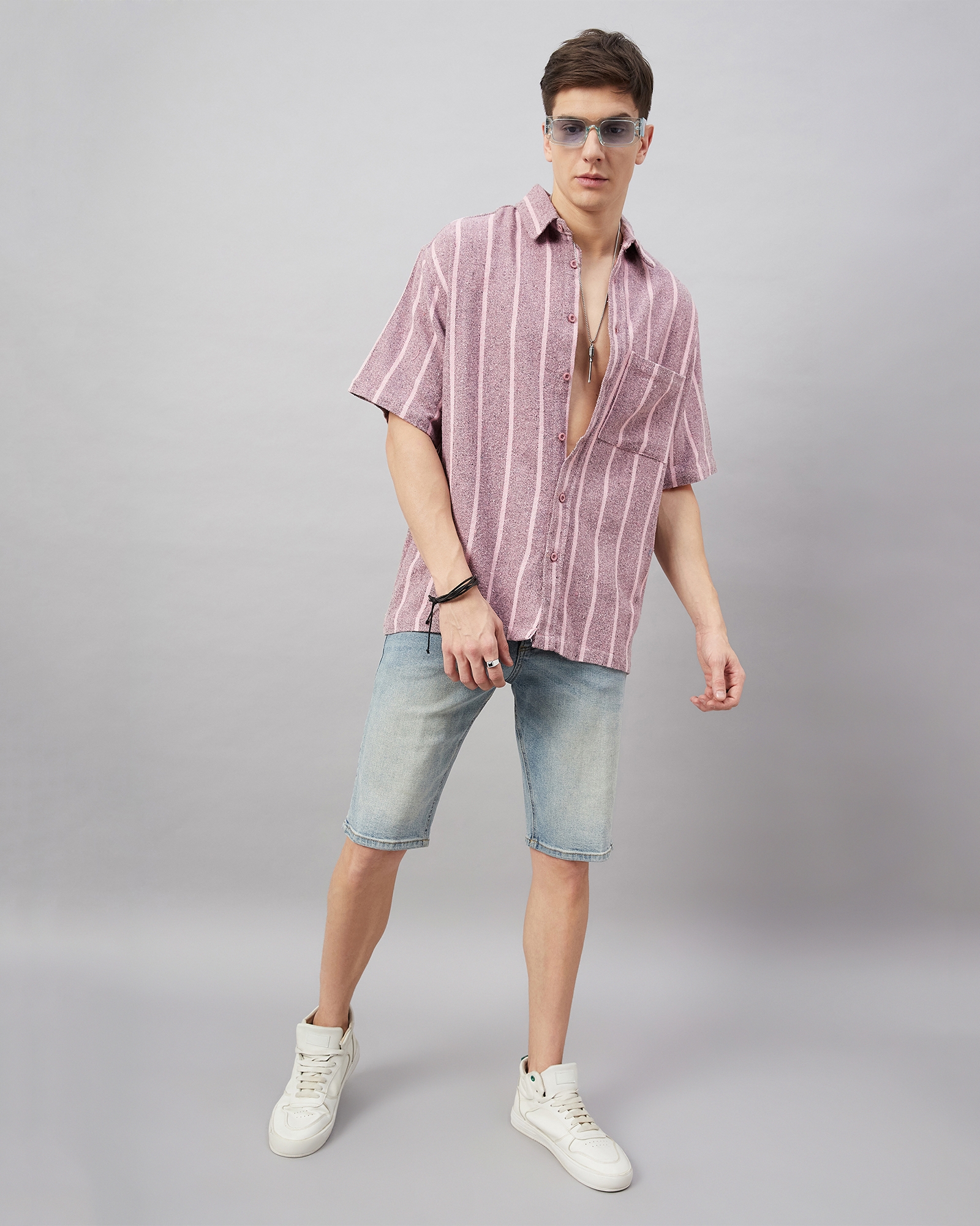 Chimpaaanzee Men Pink and White Oversized Fit Shirt