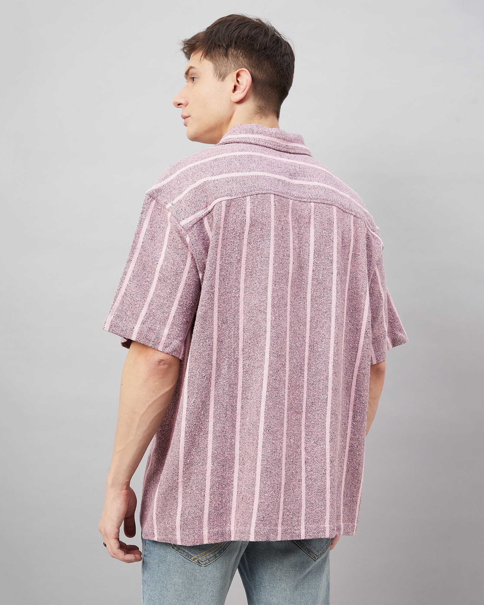 Chimpaaanzee Men Pink and White Oversized Fit Shirt