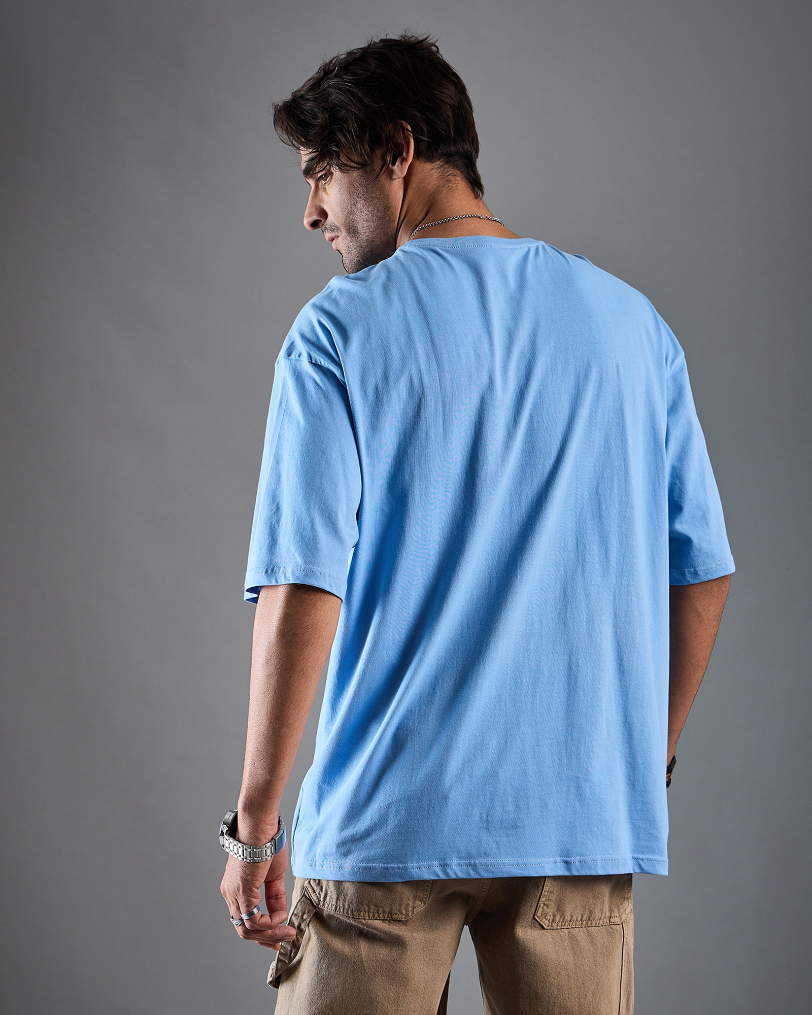 Chimpaaanzee Men Cotton Blue Solid Oversized T-shirt