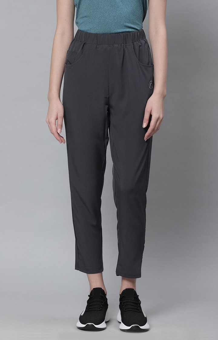 Women's  Grey Solid Polyester Trackpants