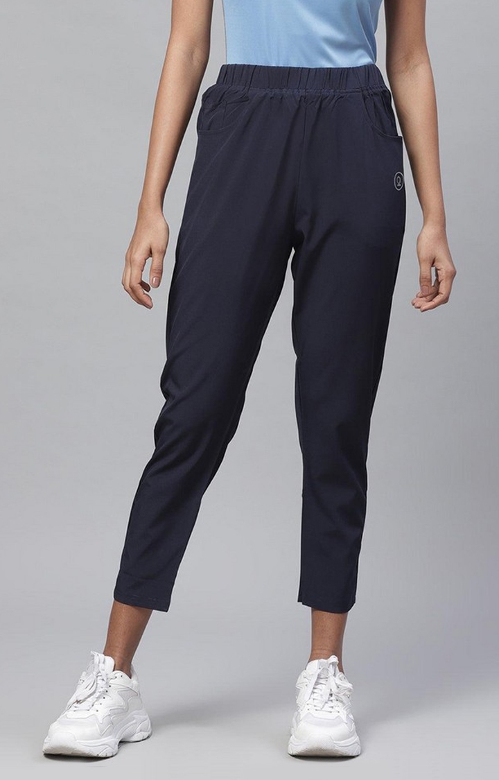 Women's  Blue Solid Polyester Trackpants