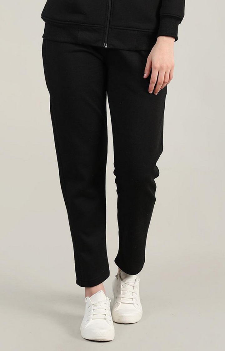 Women's  Black Solid Polycotton Trackpants
