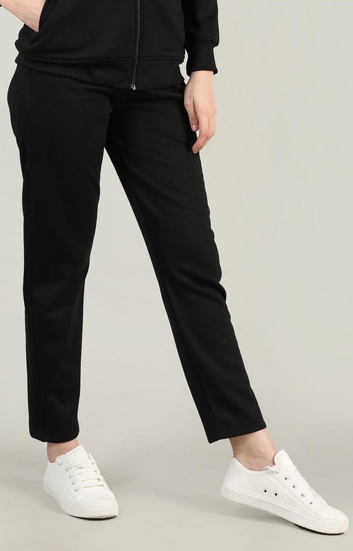 Women's  Black Solid Polycotton Trackpants