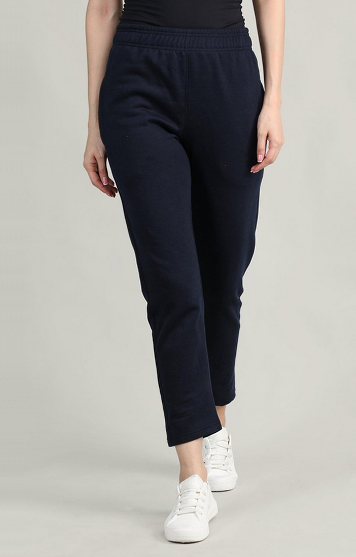 Women's  Blue Solid Polycotton Trackpants