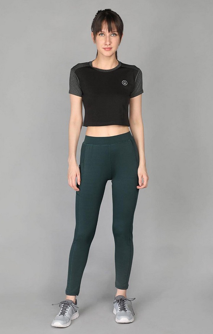 Women's  Green Solid Polyester Tights