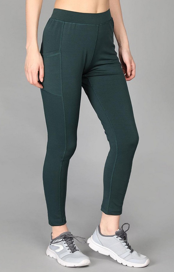 Women's  Green Solid Polyester Tights
