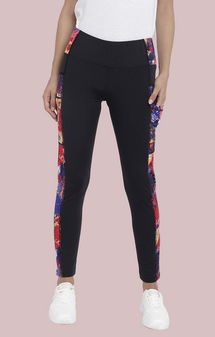 Women's  Black Printed Polyester Tights