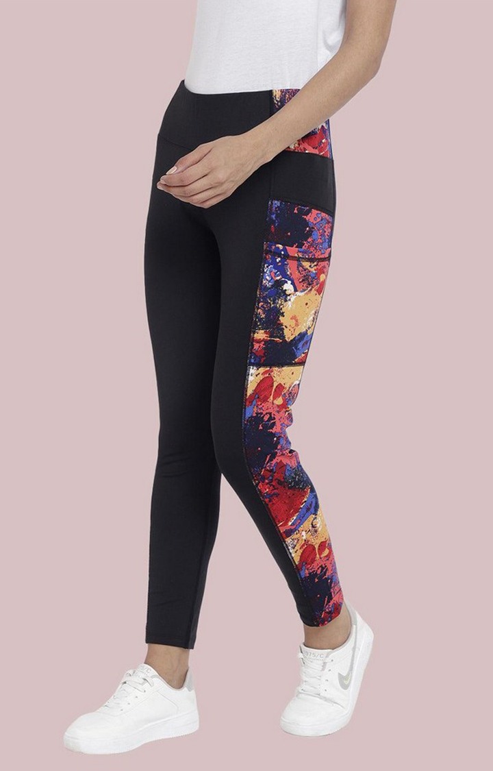 Women's  Black Printed Polyester Tights