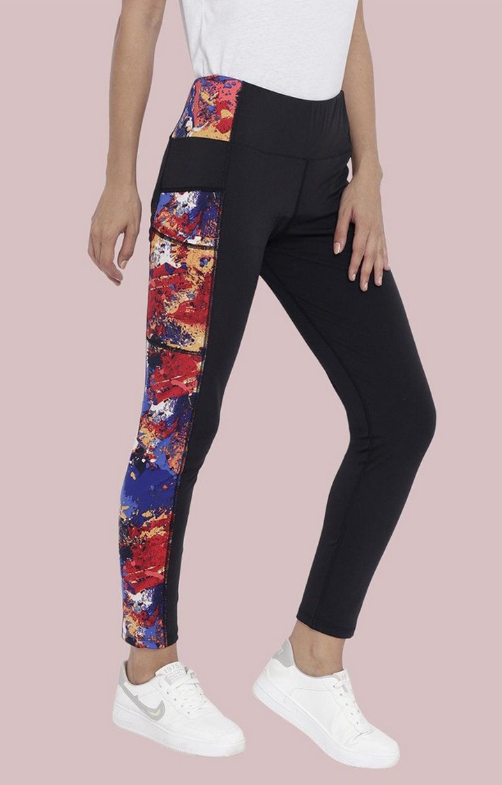 Women's  Black Printed Polyester Tights