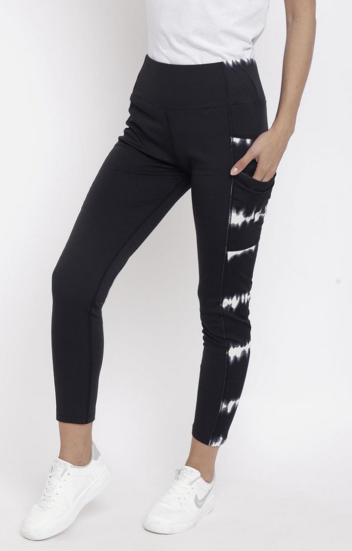 Women's  Black Printed Polyester Tights