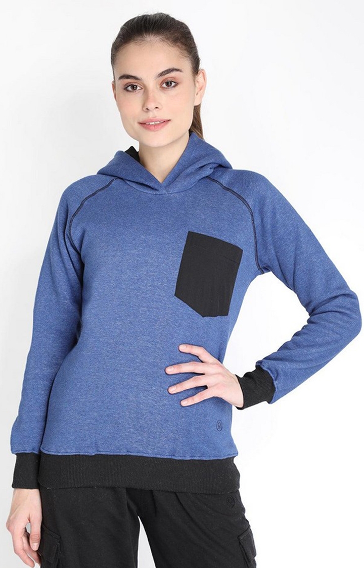 CHKOKKO | Women's Blue Fleece Winter Wear Hooded Sweatshirt