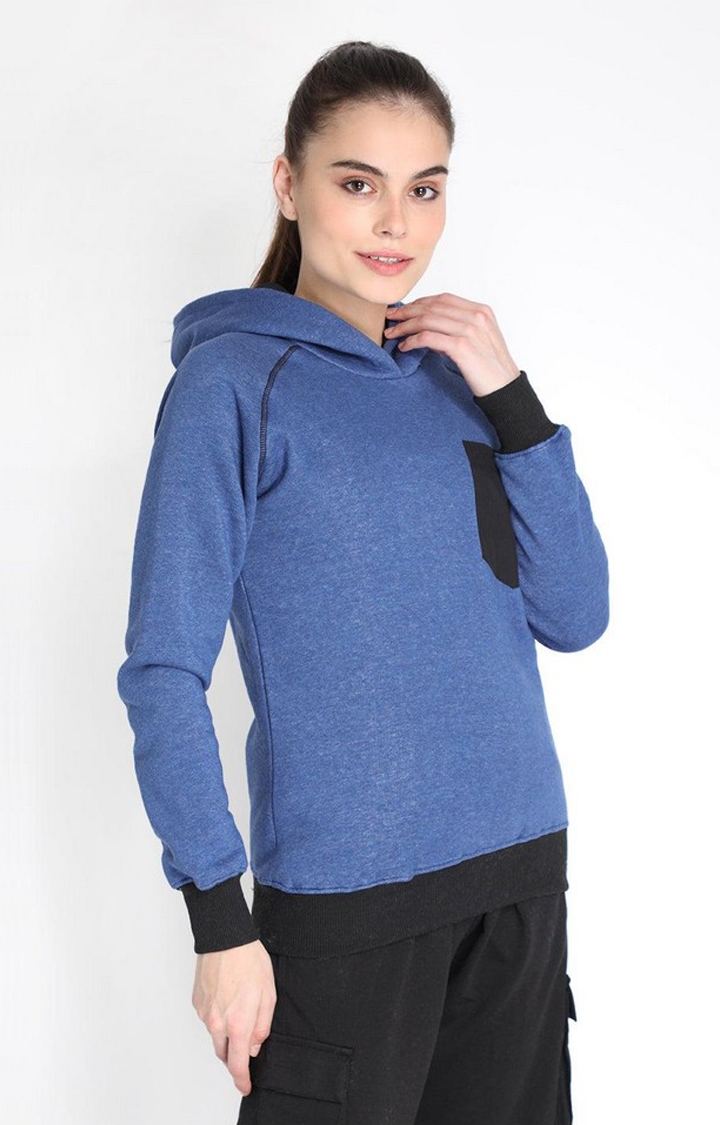 Women's Blue Fleece Winter Wear Hooded Sweatshirt