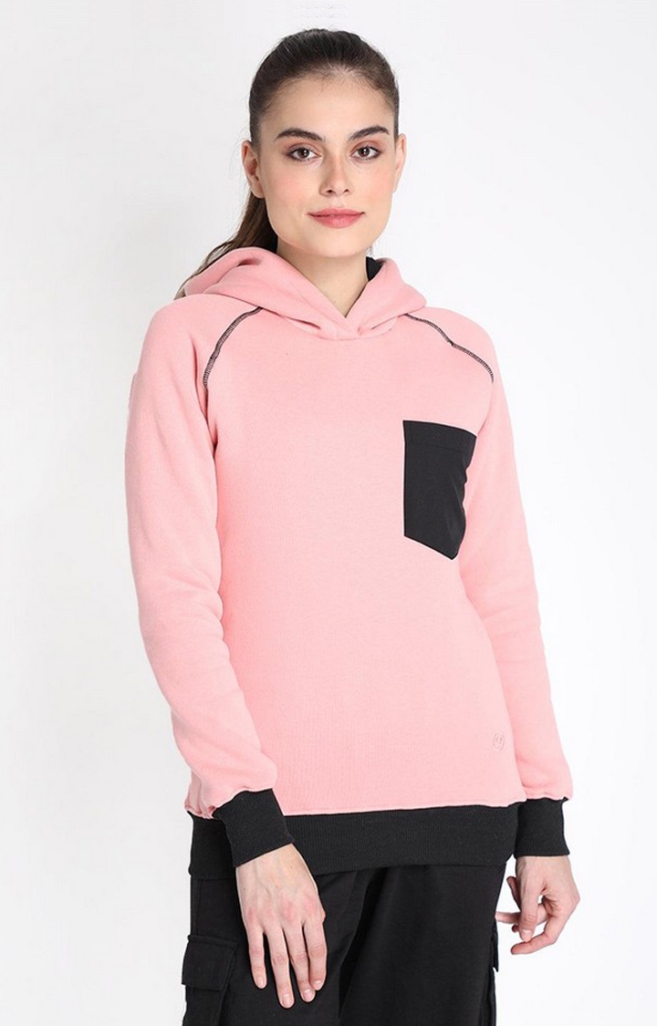 Women's Pink Winter Wear Polyester Hooded Sweatshirt
