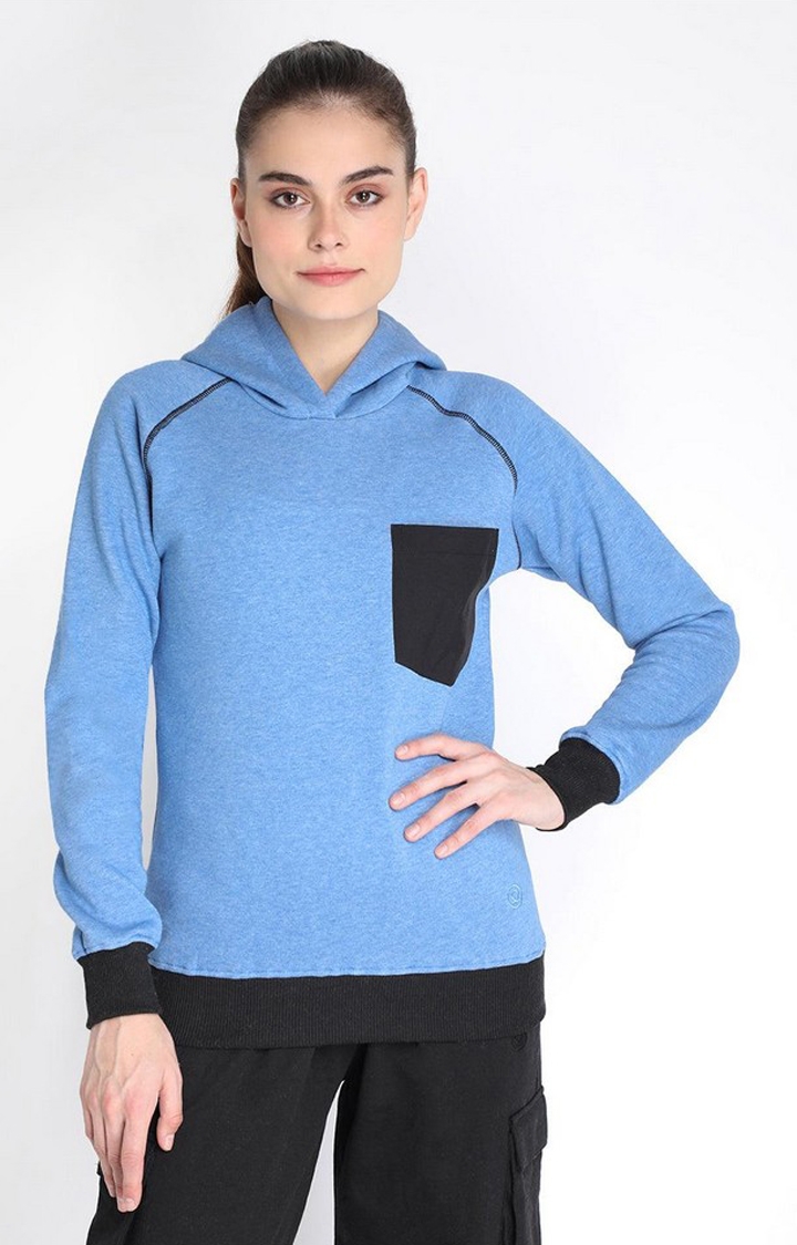 CHKOKKO | Women's Blue Winter Wear Hooded Polyester Sweatshirt