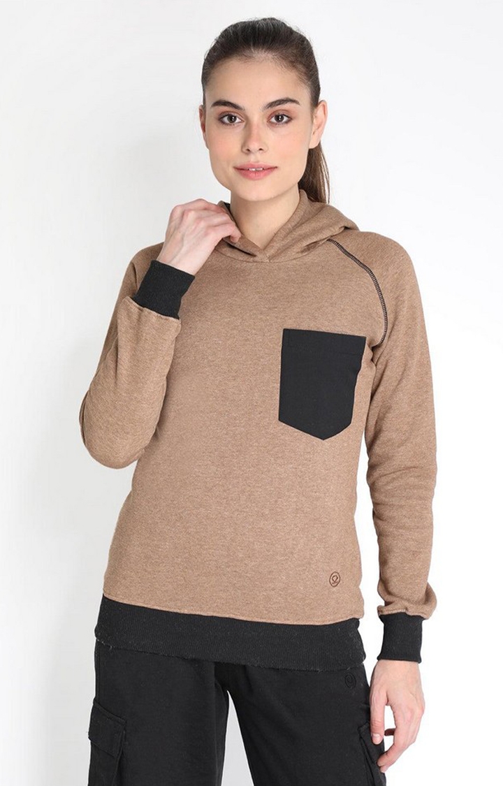 CHKOKKO | Women's Brown Winter Wear Polyester Hooded Sweatshirt