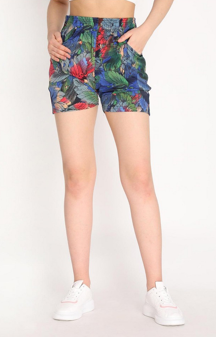 Women's  Blue Printed Polyester Activewear Shorts
